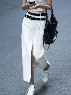 Trendy High Waist White Skirt, White Fitted Belted Bottoms, White Maxi Skirt For Spring Workwear, White Belted Wide Leg Bottoms, White Belted Wide-leg Bottoms, Trendy White Belted Bottoms, White High Waist Pleated Skirt, Casual White Pencil Skirt, High Waist Belted Skirt For Summer