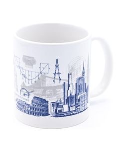 a coffee mug with an image of a roller coaster