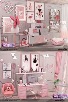 two different views of a bedroom with pink furniture and accessories on the walls, along with pictures of flamingos