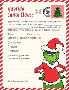 a spanish christmas letter with an image of the grino in santa claus's hat