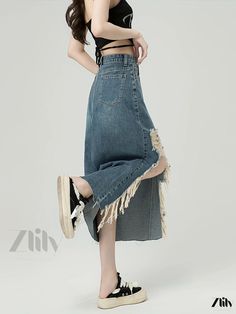 Zlily - Vintage-Inspired Asymmetric Tea Skirt with Raw Hem Detail and Distressed Finish, featuring Slash Pockets - Womens Denim Jeans & Apparel Edgy Denim Blue Skirt For Spring, Trendy Denim Skirt With Asymmetrical Frayed Hem, Trendy Asymmetrical Denim Skirt With Frayed Hem, Edgy Denim Skirt For Summer, Denim Blue Bottoms With Asymmetrical Hem For Summer, Spring Denim Blue Asymmetrical Bottoms, Trendy Bottoms With Asymmetrical Frayed Hem, Spring Asymmetrical Denim Blue Bottoms, Edgy High Rise Summer Skirt