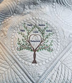 a quilted tree with the names of all branches labeled on it's centerpiece