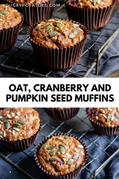 Rows of muffins and text: Oat, Cranberry and Pumpkin Seed Muffins Pumpkin Seed Muffins Healthy, Pumpkin Cranberry Muffins Healthy, Dried Cranberry Recipes Healthy, Recipes With Pumpkin Seeds, Cranberry Muffins With Dried Cranberries, Healthy Cranberry Recipes, Pumpkin Seed Muffins, Pumpkin Seed Oatmeal