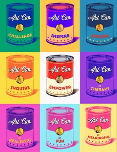 six cans of paint with the words art can on them in different colors and sizes