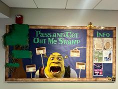 a bulletin board with an image of a yellow monster in front of it and the words passandget our me swamp