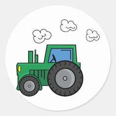 a green tractor with clouds in the sky on a white round sticker or magnet