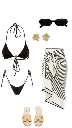 Beach Outfits Swimsuit, Vacation Polyvore Outfits, Holiday Outfits Summer Beach Bikinis, European Summer Bikinis Outfits, Black And Gold Beach Outfit, Europe Aesthetic Bikinis, Sim4 Swimsuit, Cabo Spring Break Outfit, Black Bathing Suits Baddie Outfits