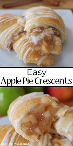 apple pie crescents with icing on top and an apple in the back ground