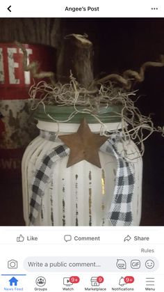 an image of a white jar with a star on top and some branches in it