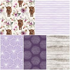 four different patterns with deers and flowers on them in purple, white, and lavender tones