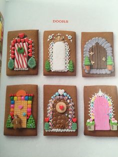 the cookies are decorated with different types of decorations on them, including doors and windows