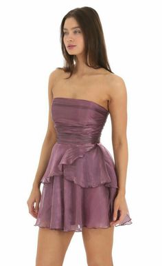 Purple Hoco Dress, Jumpsuit Outfit Ideas, Ropa Upcycling, Strapless Ruffle Dress