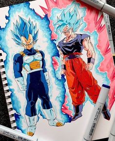 a drawing of gohan and vegeta from the dragon ball movie is shown next to some markers