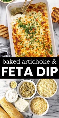 baked artichoke and feta dip recipe with text overlay