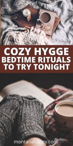 Top photo is a gray blanket with a wood tray and candle, notebook, mug of tea and crochet project.  Bottom photo is plaid blanket with book, tea Cozy Day Ideas, Hygge Bedroom Ideas Romantic, Hygge Iphone Wallpaper, Hygge Fireplace Decor, Hygge Morning Routine, Hygee Aesthetics, Cozy Bedtime Aesthetic, Hygge Fall Aesthetic