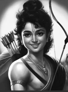 a black and white photo of a woman holding an arrow