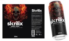 a can of skrillx energy drink next to the packaging