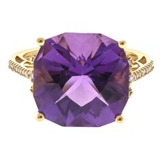 View this exquisite work of art, the CIRARI 14K Gold Amethyst Ring, which exudes charm and skill. Exuding a noble allure, this magnificent ring displays a brilliant amethyst gently nestled inside a finely wrought 14K gold setting. This ring is an invitation to revel in the classic elegance of CIRARI. It is a sign of sophistication and refinement that goes beyond the ordinary. With this exquisite piece of jewelry, you can appreciate the marriage of elegance and workmanship while elevating your st Luxury Cushion Cut Gemstones With Prong Setting, Luxury Octagon Ring With Gemstone Accents, Luxury Diamond Cut Gemstones For Formal Occasions, Luxury White Gold Amethyst Ring With Gemstone Accents, Luxury Amethyst Cushion Cut Ring For Formal Occasions, Luxury Amethyst Cushion Cut Ring For Formal Events, Luxury Cushion Cut Amethyst Ring For Formal Occasions, Elegant Cushion Cut Yellow Gold Amethyst Ring, Luxury Amethyst Ring With Prong Setting