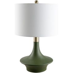 a green table lamp with a white shade