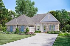 this is an artist's rendering of a house in the country style with stone and blue shutters