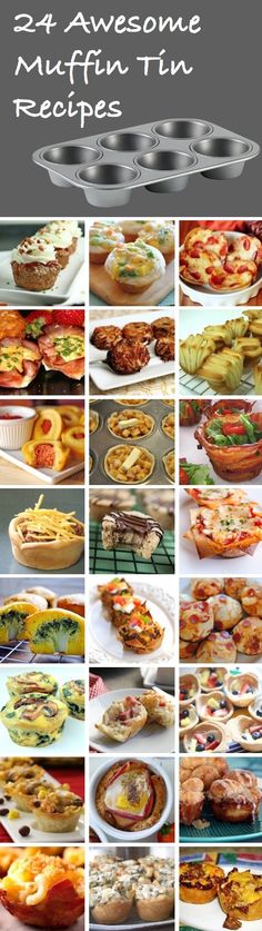 many different types of pies and pastries are shown in this collage with the words 25 awesome muffin tin recipes