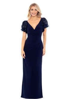 This elegant maxi gown is perfect for formal evenings and special occasions. Crafted from a luxurious blend of polyester and spandex, it ensures both comfort and style. The V-neckline and flutter sleeves add a touch of femininity, while the delicate embellishments along the neckline elevate its overall look. Its 61-inch length provides a graceful silhouette, making it a must-have for any fashion-forward woman. | Betsy & Adam Women's Maxi Gown, Navy Blue, 6 All White Party Dresses, Missy Dresses, Neutral Dresses, Bachelorette Party Dress, Shimmery Dress, Military Ball Dresses, Day To Night Dresses, Sequin Sleeve, Off Shoulder Dresses