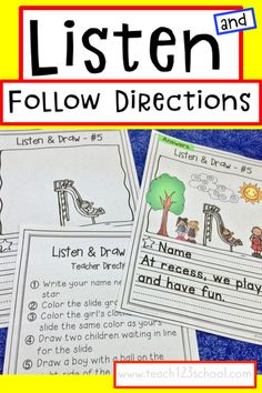 three different activities for listening and writing with the words listen and follow directions on them