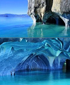 two pictures of the inside of an ice cave