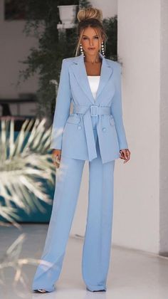 Fancy Pantsuits For Women, Blue Pantsuit, Pantsuit For Women, Street Wear Fashion, Light Blue Suit, Tailored Clothes, Trouser Suit, Women Blazer