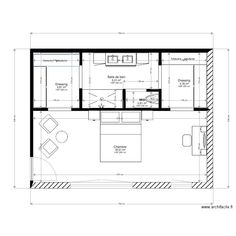 the floor plan for a small house with an open kitchen and living room, as well as