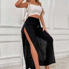 Frenchy Split Thigh Wide Leg Pants New With Tags Size: M Chic High-cut Summer Pants, Casual Bottoms With Side Slits For Summer, Wide Leg Bottoms With Side Slits For Night Out, Casual Summer Bottoms With Side Slits, Chic Bottoms With Side Slits For Day Out, Vacation Pants With Elastic Waistband And Split Shape, Casual Split Pants For Vacation, Chic Black Bottoms With Side Slits, Black Wide Leg Pants With Side Slits