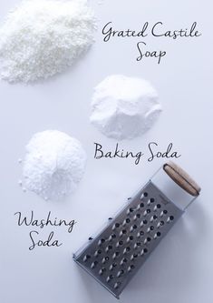 ingredients for grated castle soap, baking soda and washing soda on a white background