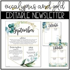 an editable newspaper with watercolor flowers on it and the words, eucalyptuss and gold