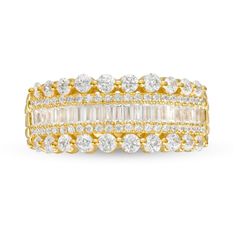 Make this year one to remember with the rows of sparkle in this certified baguette-cut and round diamond anniversary band. Fashioned in 14K gold Channel-set baguette-cut diamonds shimmer between ribbons of dainty round diamonds. Slightly larger round diamonds create scalloped borders. All diamonds are certified and boast a color rank of I and clarity of Si2. Includes certification card This anniversary band shines with 1 ct. t.w. of diamonds. Gold Baguette Cut Lab Grown Diamond Ring, Gold Moissanite Diamond Ring With Baguette Diamonds, Diamond Anniversary Bands, Year One, Baguette Cut Diamond, Diamond Anniversary, Channel Set, Baguette Cut, Anniversary Bands