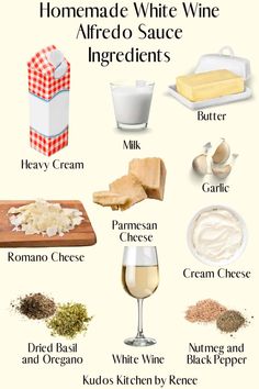 the ingredients to make homemade white wine alfredo sauce are shown in this graphic above it