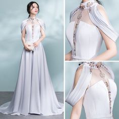 Modern / Fashion Grey Pierced Evening Dresses 2017 A-Line / Princess High Neck Strapless Beading Crystal Sash Sweep Train Backless Formal Dresses Baju Kahwin, Backless Formal Dresses, فستان سهرة, Fantasy Dress, Modern Dress, Fantasy Fashion, Ladies Dress Design, Fashion Mode