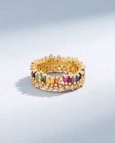 Suzanne Kalan Short Stack Rainbow Sapphire Eternity Band in 18k yellow gold Sapphire Eternity Band, Short Stack, Rainbow Sapphires, Baguette Diamond, Eternity Band, White Diamonds, Eternity Bands, 18k Rose Gold, Eternity Ring