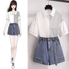 Patchwork Stripe Tee+denim Shorts P13872 White Denim Short Sleeve Top, Kpop Style Shirt For Streetwear With Short Sleeves, White Short Sleeve Denim Tops, Spring Patchwork Denim Blue Shorts, K Pop Outfits, Kpop-style Relaxed Fit Short Sleeve T-shirt, Sketch Dress, Blue Patchwork Denim Dress Knee-length, Knee-length Blue Patchwork Denim Dress