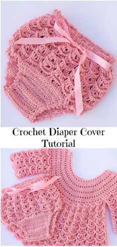 the crochet diaper cover is shown with pink ribbon on top and bottom