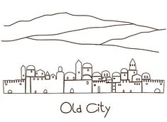 an old city with mountains and hills in the background, outlined in black and white