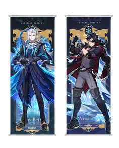 two banners with anime characters on them, one in black and the other in blue