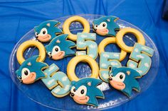 sonic the hedgehog cookies are arranged on a platter for someone's 30th birthday