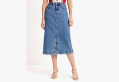 Want to freshen up your casual fits? Swap out your go-to jeans for this chic midi skirt in our Cosmic wash denim. | Kate Spade Denim Midi Skirt, Cosmic Wash - 29 Trendy Midi Length Denim Skirt, Trendy Spring Denim Midi Skirt, Trendy Midi Denim Skirt For Spring, Trendy Midi-length Denim Skirt For Spring, Spring Knee-length Lined Denim Skirt, Spring Midi Skirt In Medium Wash, Trendy Midi-length Workwear Bottoms, Trendy Midi-length Bottoms For Work, Spring Medium Wash Midi Skirt