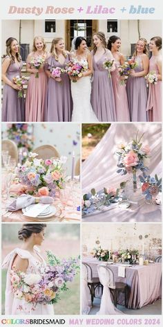 a collage of photos with different bridesmaid dresses and bouquets in them