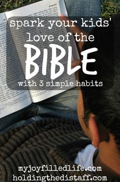 a man reading a book with the words spark your kids'love of the bible