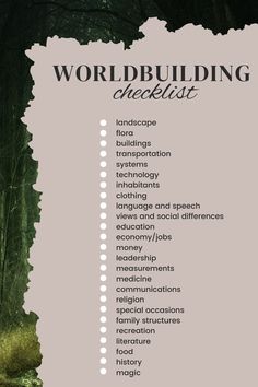 the world building checklist is shown in this graphic style, with trees and bushes behind it