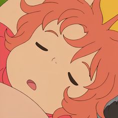 an anime character with red hair laying down