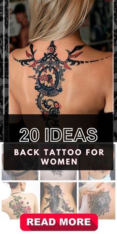 the back of a woman's neck with tattoos on it and text reading 20 ideas back tattoo for women read more