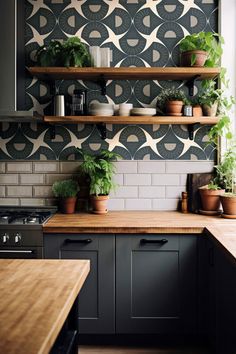 a kitchen with black and white wallpaper, wooden counter tops and shelves filled with potted plants