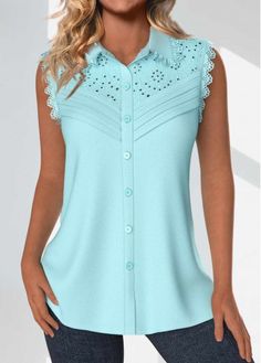 Color:Light Blue;Size:S;Size:M;Size:L;Size:XL;Size:XXL;Package Contents:1 X Tank Top;Style:Casual; Shirt Patterns, Shirt Collar Styles, Light Blue Shirt, Lace Short Sleeve Top, Trendy Tops For Women, Best Tank Tops, Blouse Pattern Sewing, Stylish Pants, Light Blue Shirts